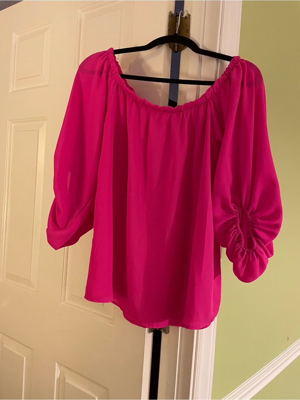 Bright Pink Off-Shoulder Peasant Blouse with Ruched Sleeves